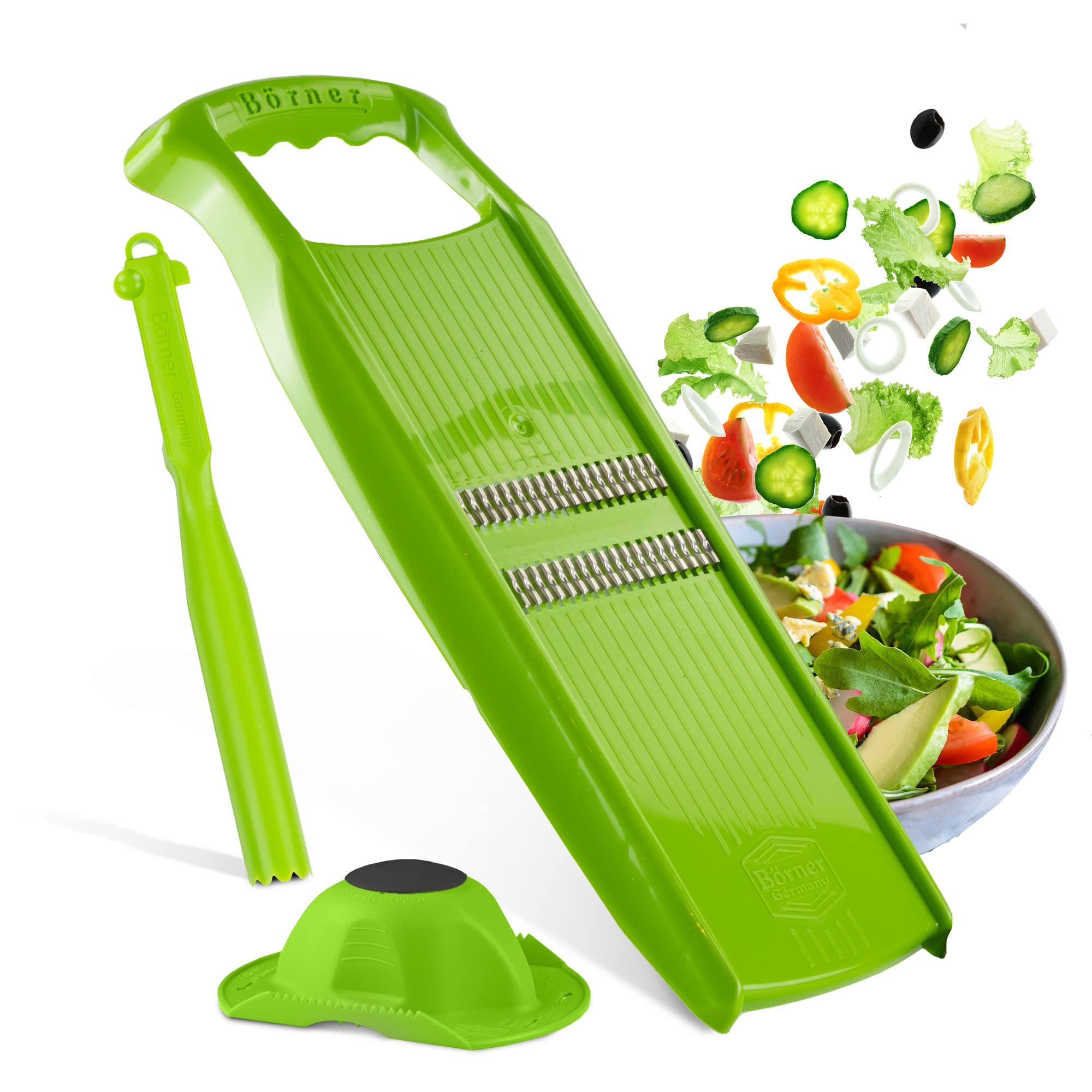 Börner Roko PowerLine Gemüseschneider Geschenk-Set (3-tlg.) • Feiner Streifenschneider für Obst & Gemüse + Fruchthalter + Kombischäler • Gemüsehobel • Küchenhobel Set • Farbe: Grün