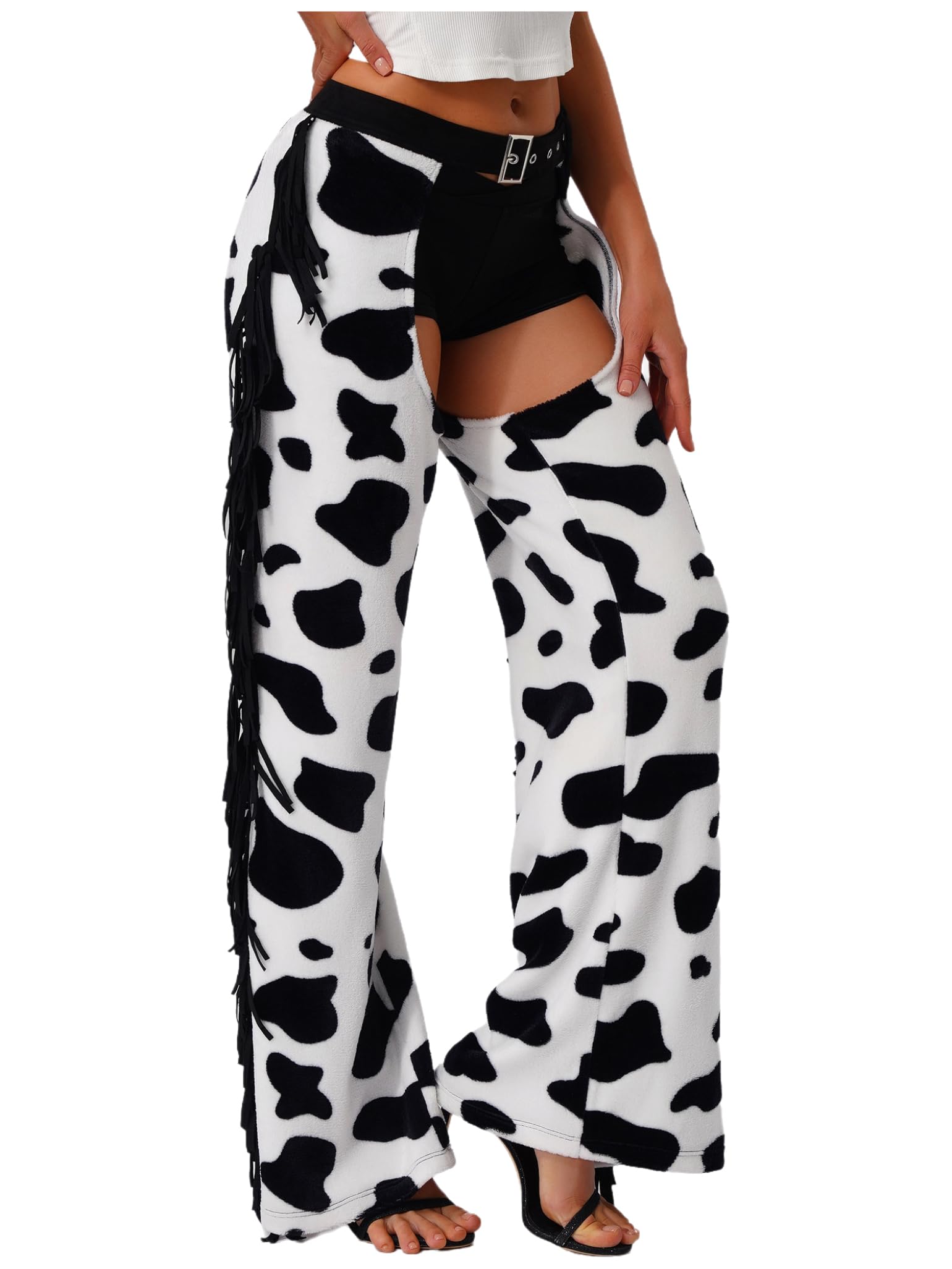XUNZOO Carnaval Cosplay Cowgirl Chaps-Pantalon Long en Flanelle À Pois Vache Ouvert Entrejambe pour Vélo