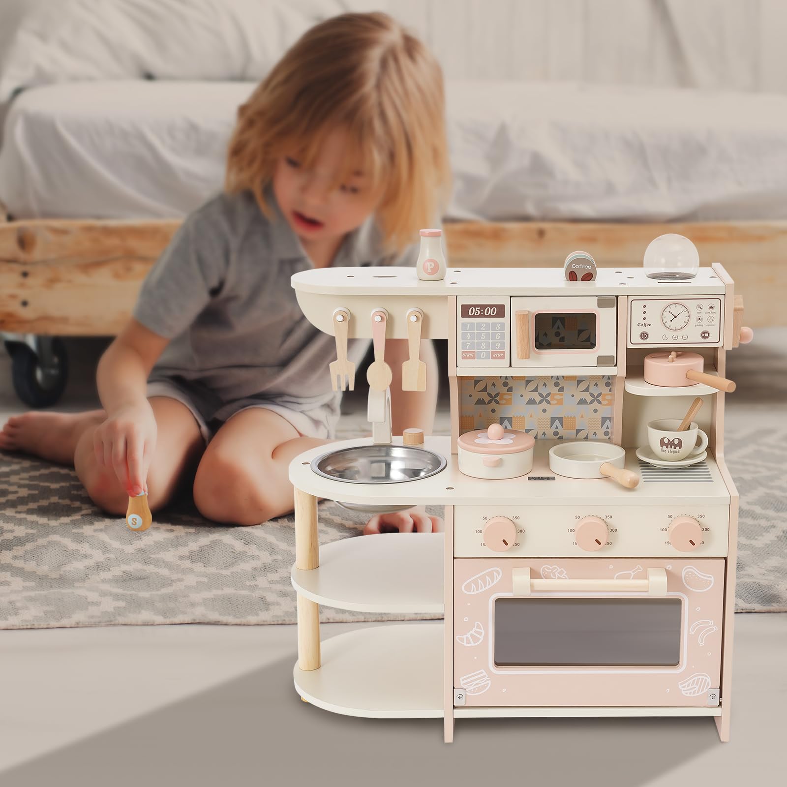 Cocina de juguete de madera para niños con estufa y cafetera, juguete de madera no tóxico, juego de rol compacto para niños pequeños juegos de rol en casa