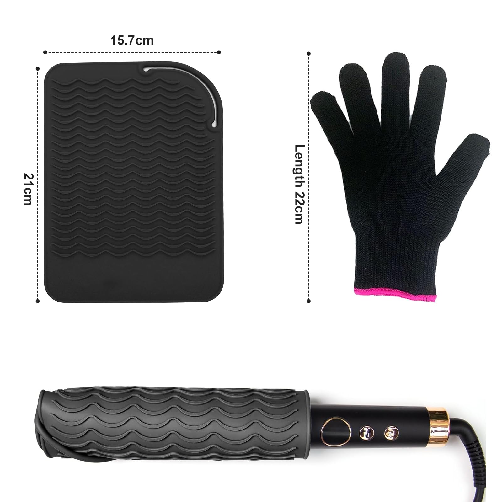 Souvik Ensemble de Protection Thermique pour Lisseur et à Boucler Tapis en Silicone Antidérapant et Gant Résistant à la Chaleur pour Outils de Coiffure Plat et à Friser Noir
