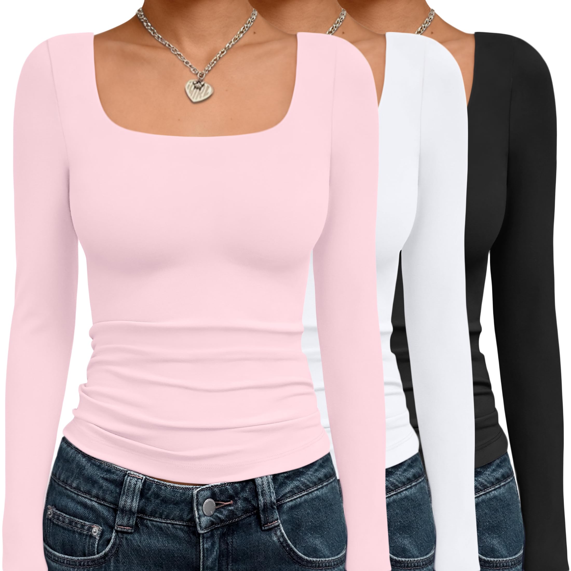 AUTOMET 3 Pack Womens Long Sleeve Shirts Fall Fashion Scoop Neck Crop Tops Basic Layer Slim Fit Y2K Clothes Black,white,pink Small