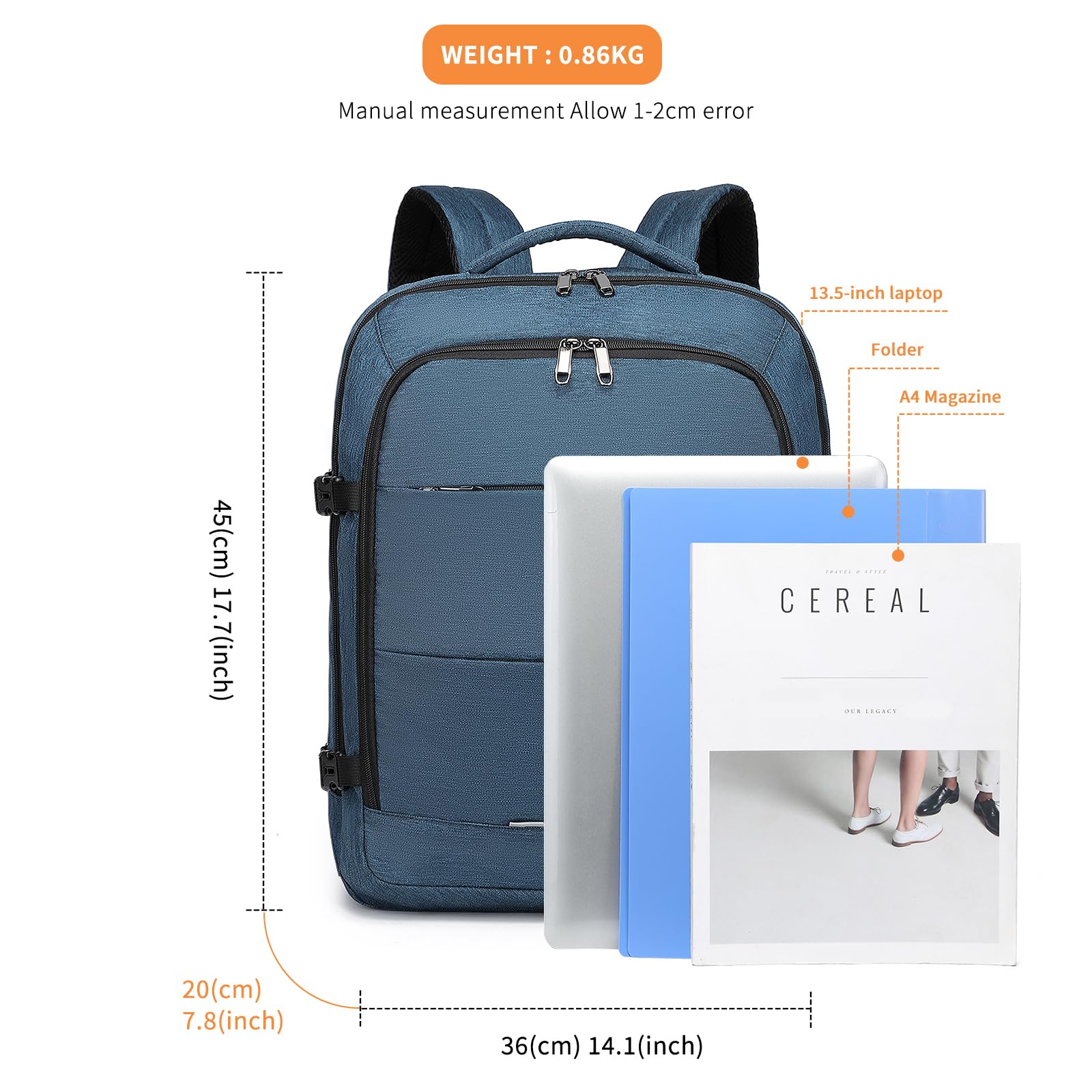 KONO Kabinentasche Untersitz Handgepäck Rucksack 45 x 36 x 20 cm Große Kapazität Reiserucksack, Navy, Marineblau (Unter dem Sitz)