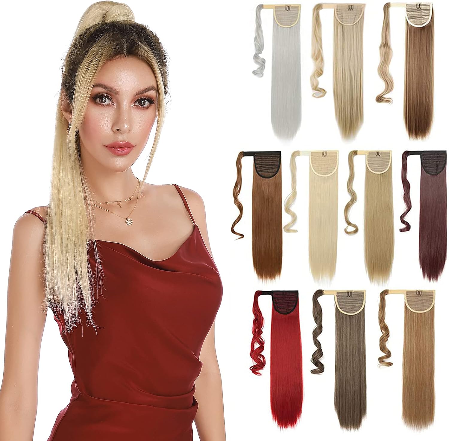 Blond&Bleach Blond Ponytail 26inch Hair Extension Wrap Around Ponytails Clip in on Pony Tail Synthetic Straight Hairpiece