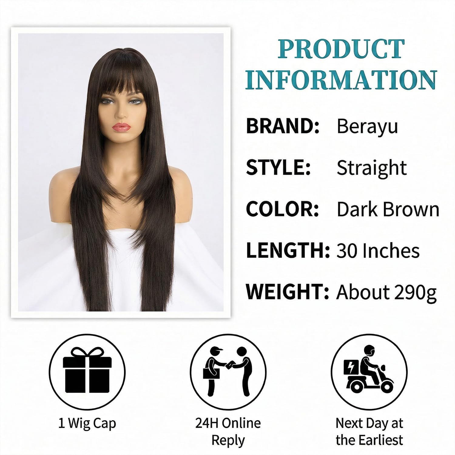 Long Dark Brown Wig with Bangs Straight Wig Wigs for Women Layered Heat Resistant Synthetic Wigs（30 inches）