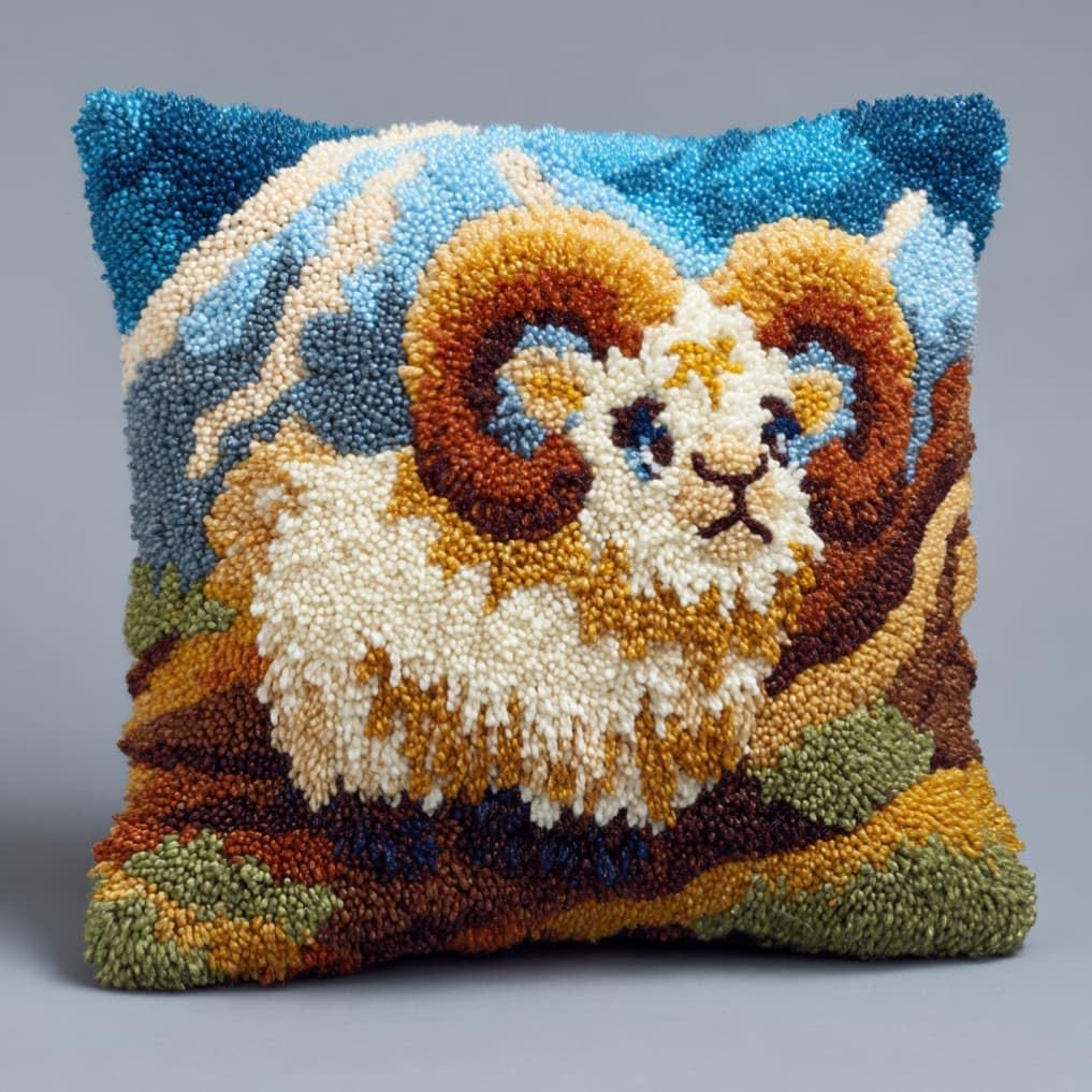 Taxpy DIY Latch Hook Pillow Kit Pre-Printed Hook and Latch Rug Kits Ibex 17X17 Inch.Cross-Stitch Embroidery Cushion Cover for Home Sofa Decoration