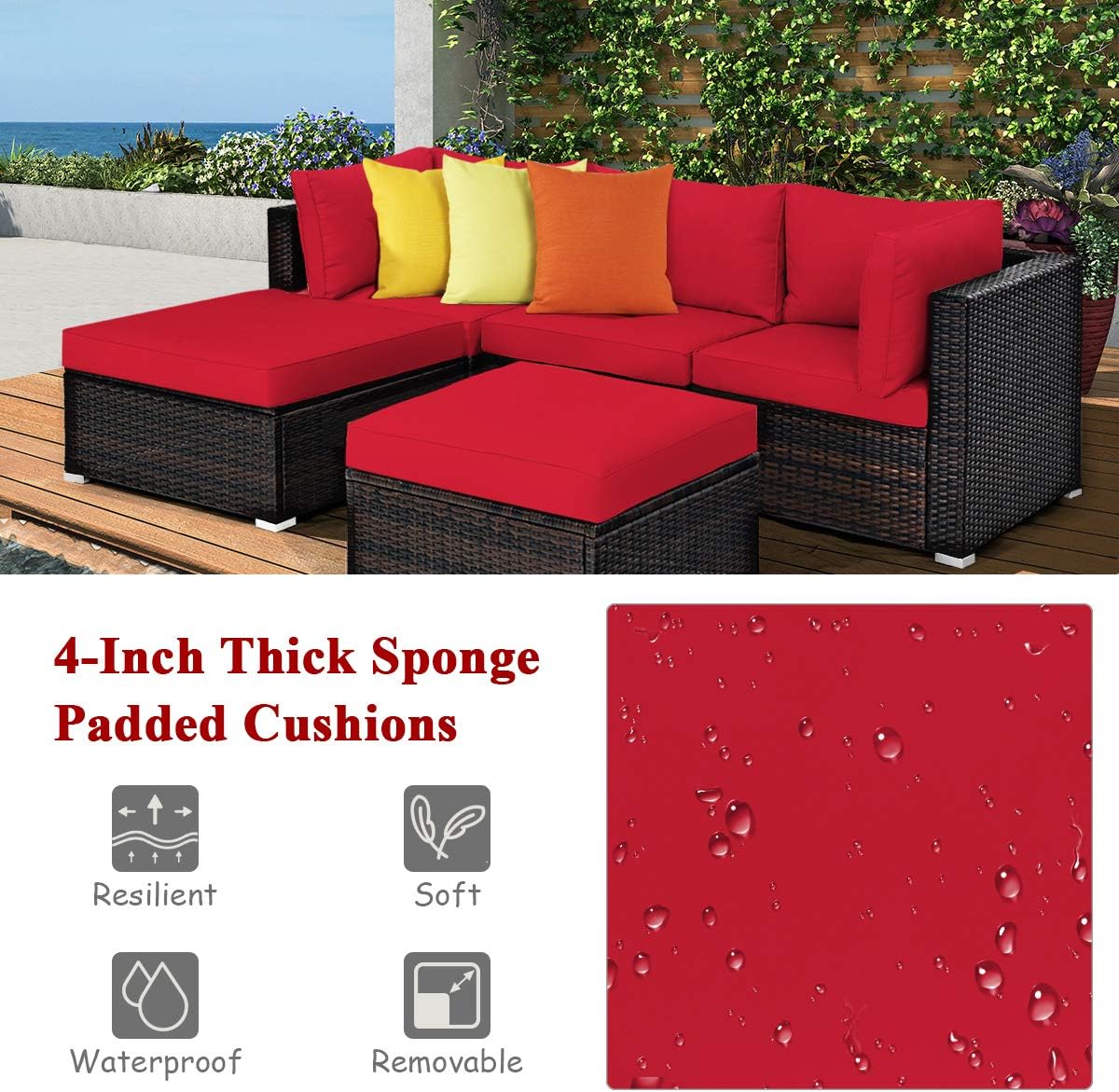 COSTWAY 5-Piece Outdoor Patio Furniture Set, PE Rattan Sectional Conversation Set with Cushions and 2 Ottomans for Garden, Deck, Backyard (Red)