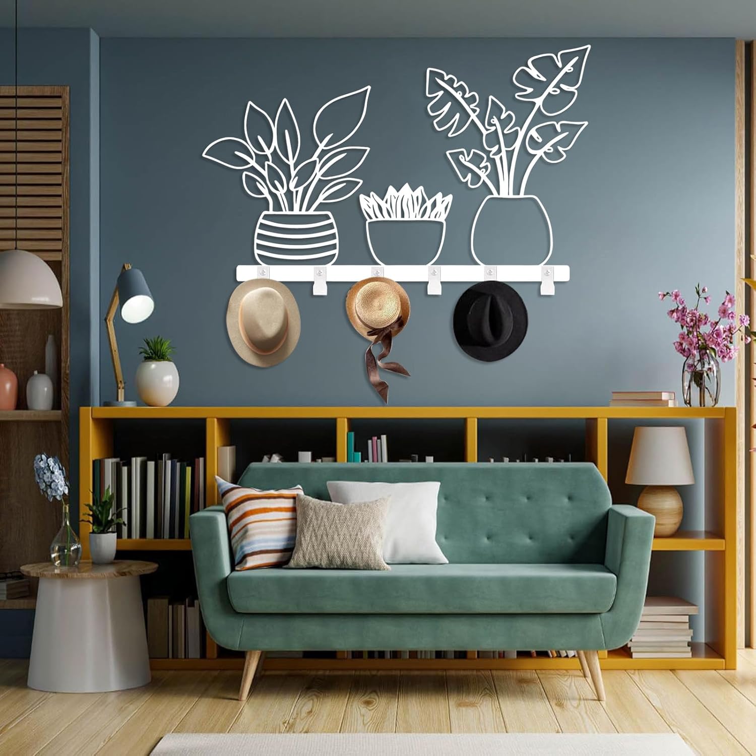 Metal Planter Coat Rack, Rustic Vase Wall Mounted, Botanical Flower Wall Mounted, Flower Key Hat Clothes Hooks, Nature Home Decor (Black, 11"x19"|28x47cm)
