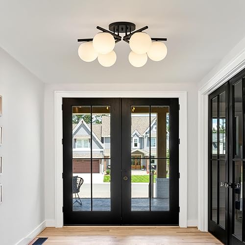 Miniatura 7 de Sputnik Lámpara de techo semiempotrada, 6 luces de globo Sputnik lámpara de techo, lámpara de globo de vidrio de leche para comedor, lámpara moderna