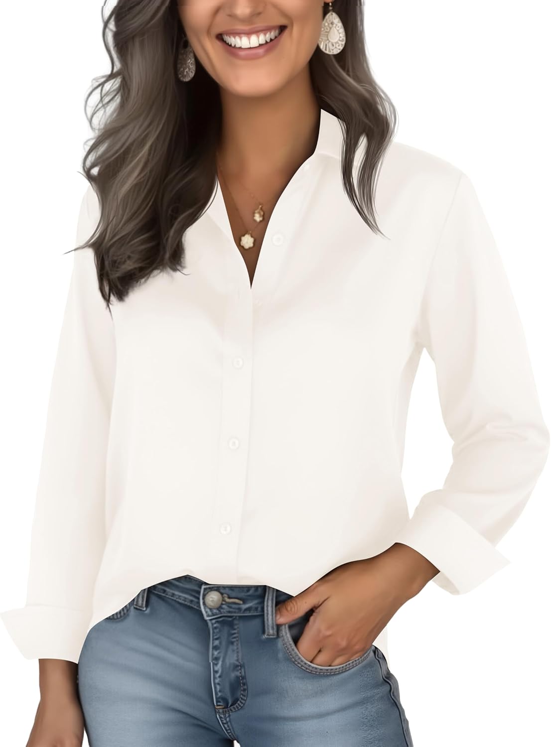 Womens Ultra-Soft Lightweight Satin Silk Button Down Shirts Silky Long Sleeve Work Dress Blouses Tops