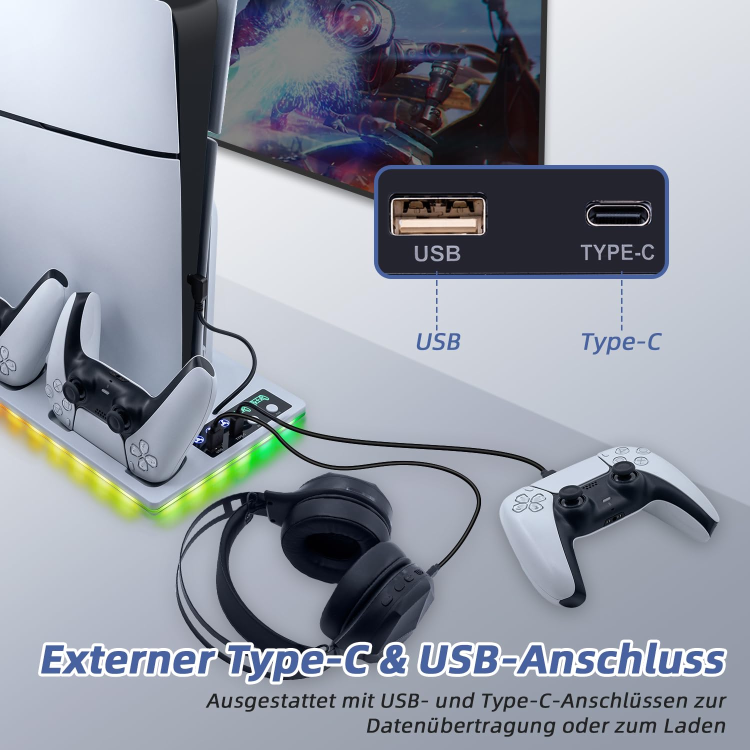 Wigearss PS5/PS5 Slim/PS5 Pro Kühler Standfuß mit Dual Controller Ladegerät, PS5 Controller Ladestation Standfuß mit Lüfter, RGB Licht für PS5/PS5 Slim/PS5 PRO UHD/Digital Edition