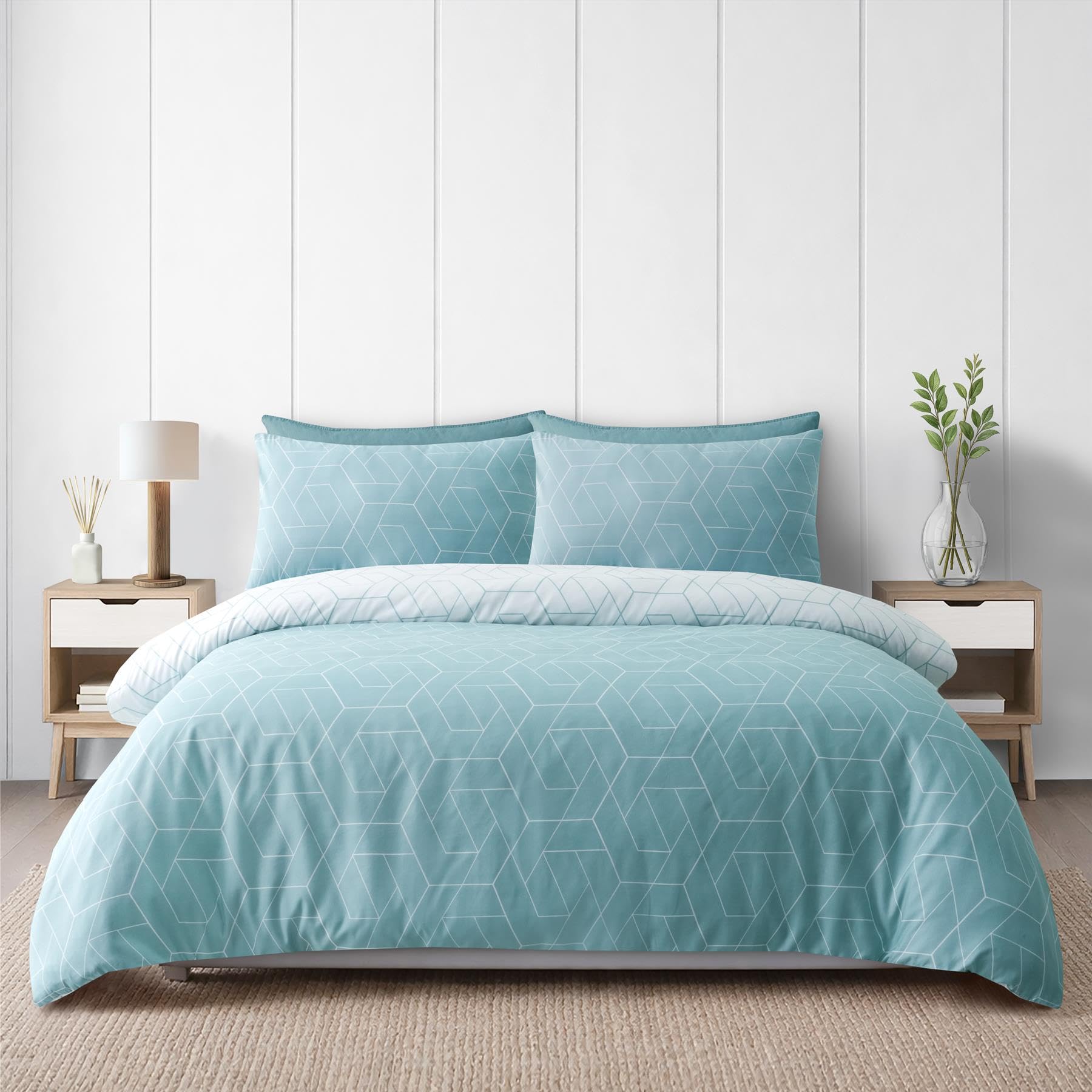 Adore Home Teal Geometric Double Duvet Cover Set Teal & White Geometric Reversible Microfibre Bedding Soft Warm Includes Pillowcases