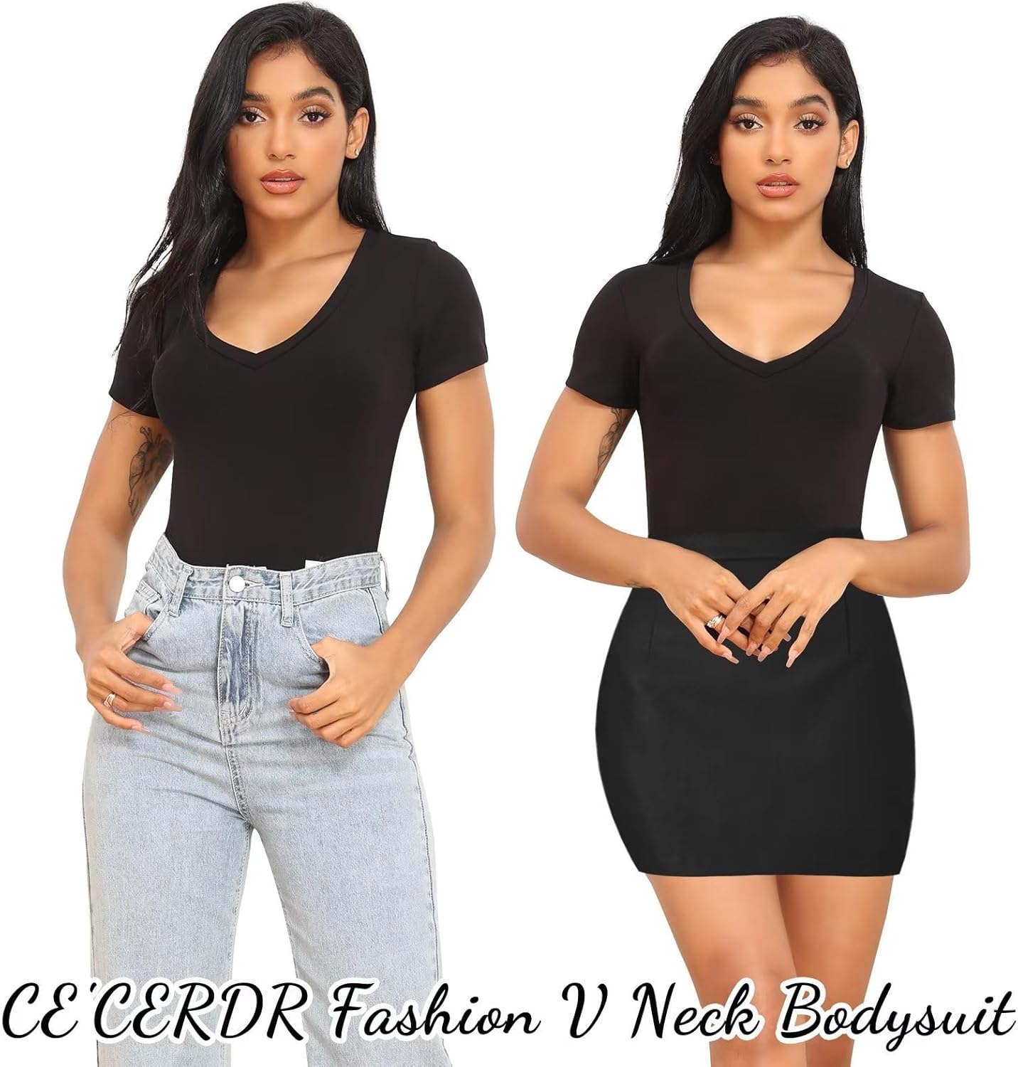 CE' CERDR 5 Pack Bodysuits for Women Short Sleeve Deep V Neck Tops T-shirt Bodysuit Casual Outfits - Image 3