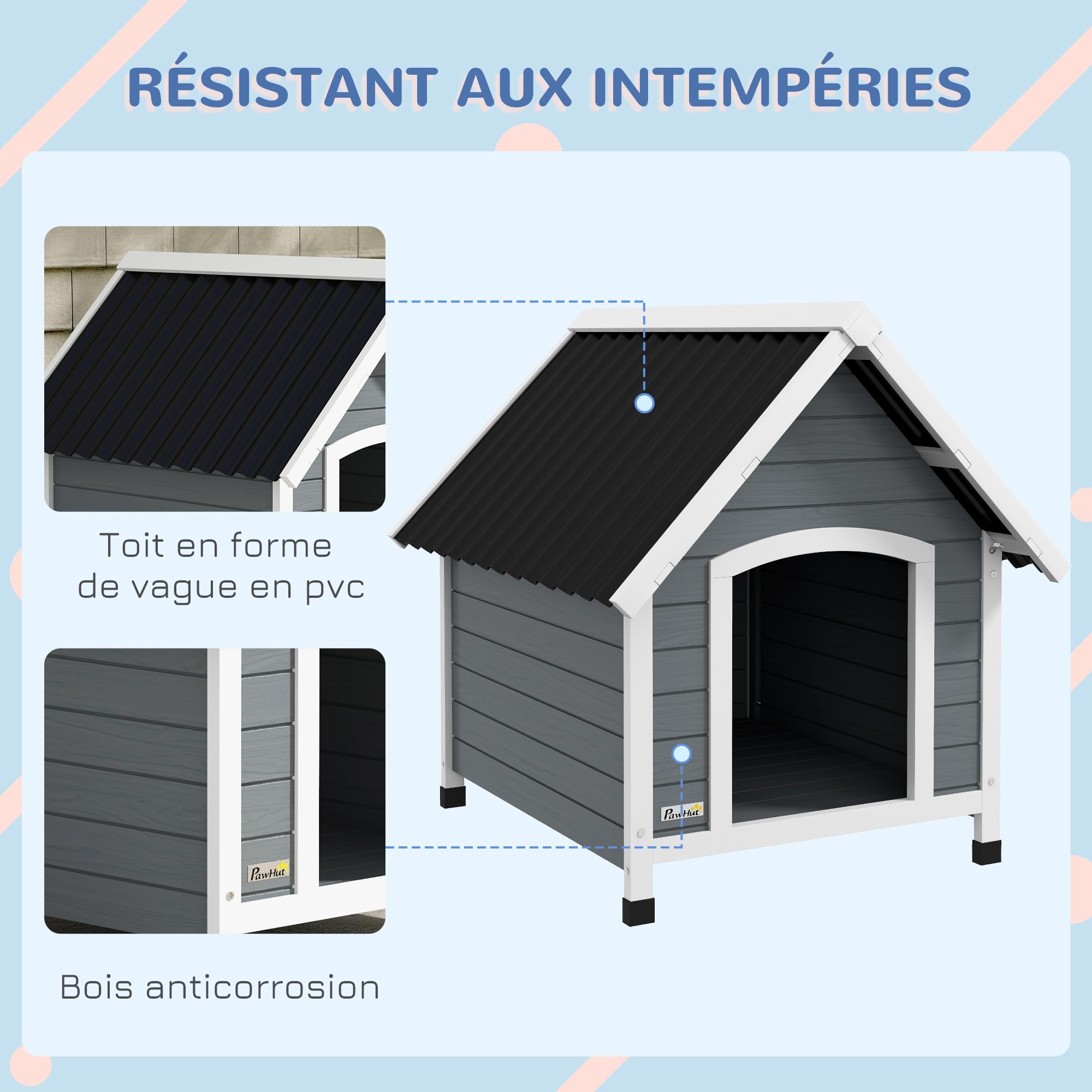 Niche Pour Chien Exterieur XXL En PP, Cabane Chien Imperméable&Ventilé, Toit Incliné, Plancher Surélevé, Cage Pour Chiots, 75x58x65CM (Gris) | Leroy Merlin