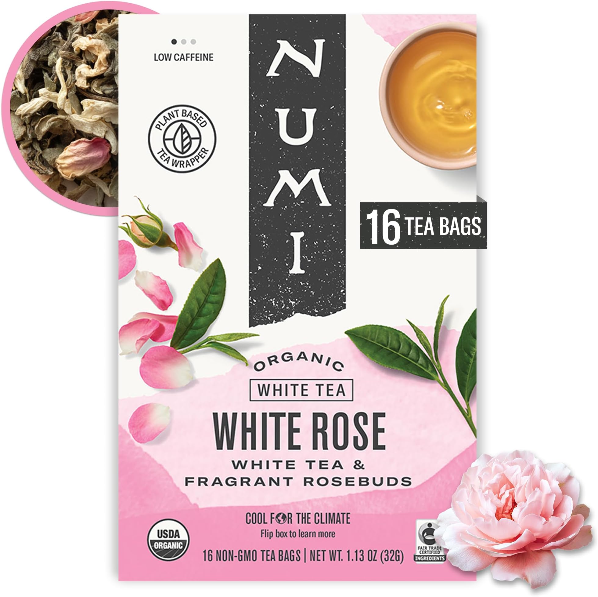 Numi Organic White Rose Tea, 16 Tea Bags, White Tea & Fragrant Rosebuds, Low Caffeine