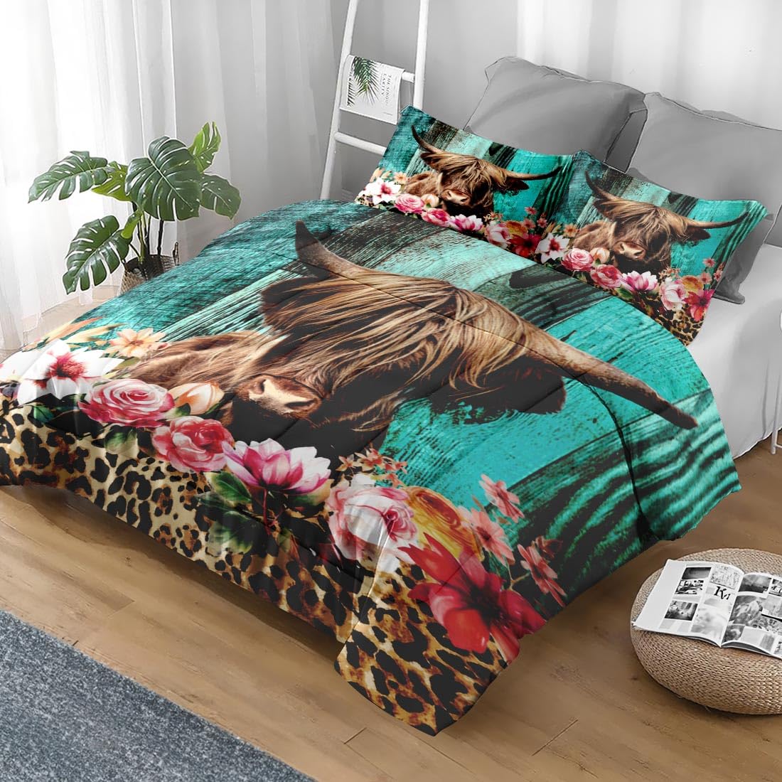 Pamnest Comforter Set Twin Size, Highland Cow Flowers Soft 2 Pcs Bedding for Kids and Adults, Leopard Farm Animal Print Comforter Set with Pillowcase for Bedroom Bed Decor