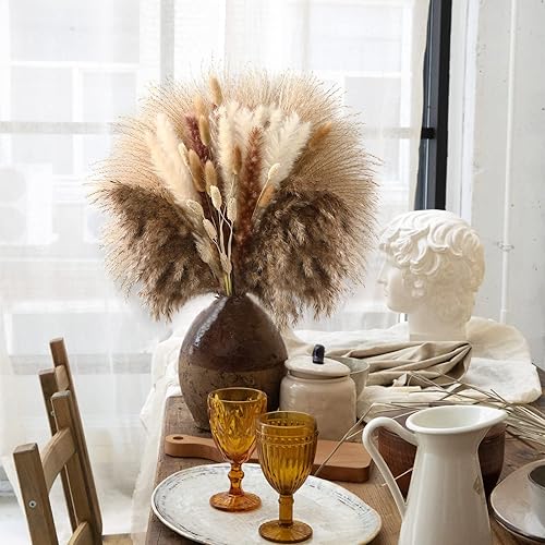 Miniatura 6 de 100 piezas de decoración de hierba de pampa seca 15 piezas de hierba marrón pomposo 15 piezas de hierba de pampa blanca 10 pompones blancas pequeñas