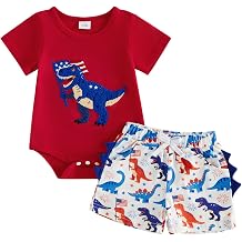 Newborn Boys 4th of July Dinosaur Romper Short Sleeve Bodysuit and Shorts Patriotic Independence Day Clothes