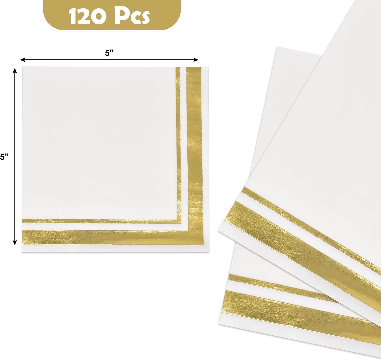 White and Gold Cocktail Napkins 120 Pack, Disposable Paper Beverage Napkins with Gold Foil Border for Wedding Party Dinner Decor