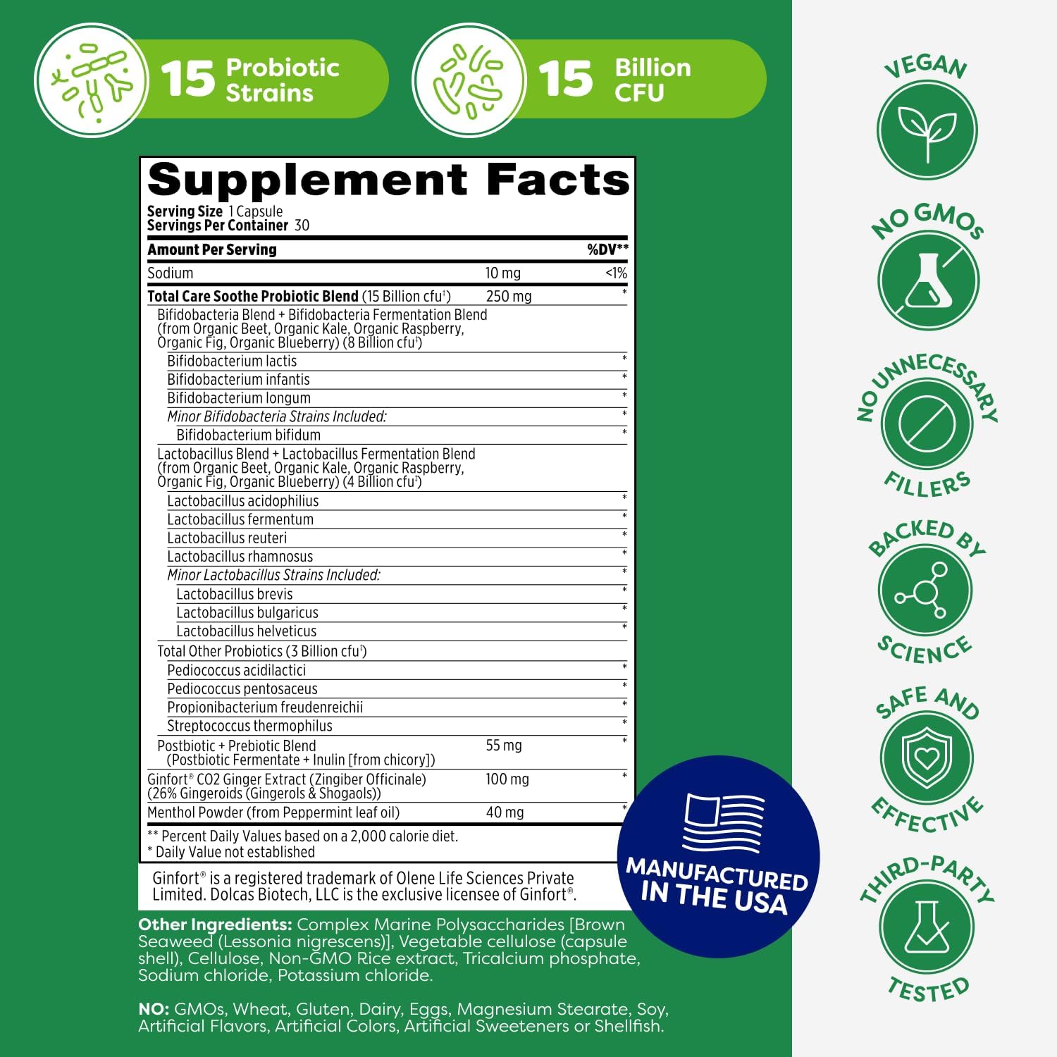 Probulin Total Care Soothe Prebiotic, Probiotic and Postbiotic + Ginger & Mint for Digestive Soothing - 15 Billion CFU - 15 Strains - 30 Vegan Capsules