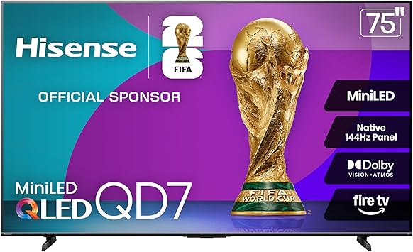 Hisense 75" QD7 Mini-LED 4K Smart Fire TV - QLED, 144Hz, HDR10+, Dolby Vision/Atmos, Game Mode Pro, Alexa Built-in (75QD7QF)