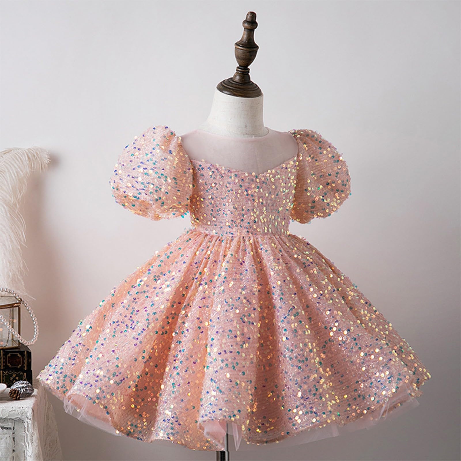 Kleid Mädchen Festlich Sommer Puff Kurzarm Pailletten Rüschen Prinzessin Kleider Kinder A-Linie Abschlusskleid Geburtstag Abendkleider Sommerkleid Hochzeit Blumenmädchenkleider