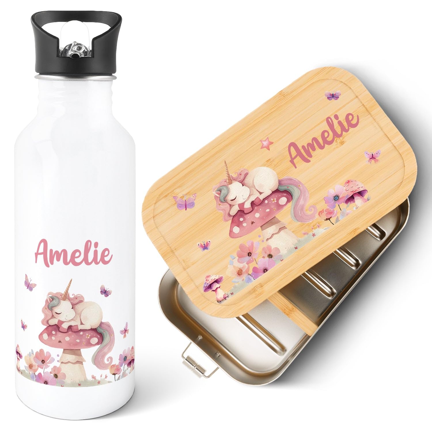 GRAVURZEILE - Bedruckte Trinkflasche & Brotdose Set - Schlafendes Einhorn - Personalisiert mit Namen - Edelstahl Trinkflasche 600 ml, Brotdose mit Deckel - Geschenk zur Einschulung für Mädchen