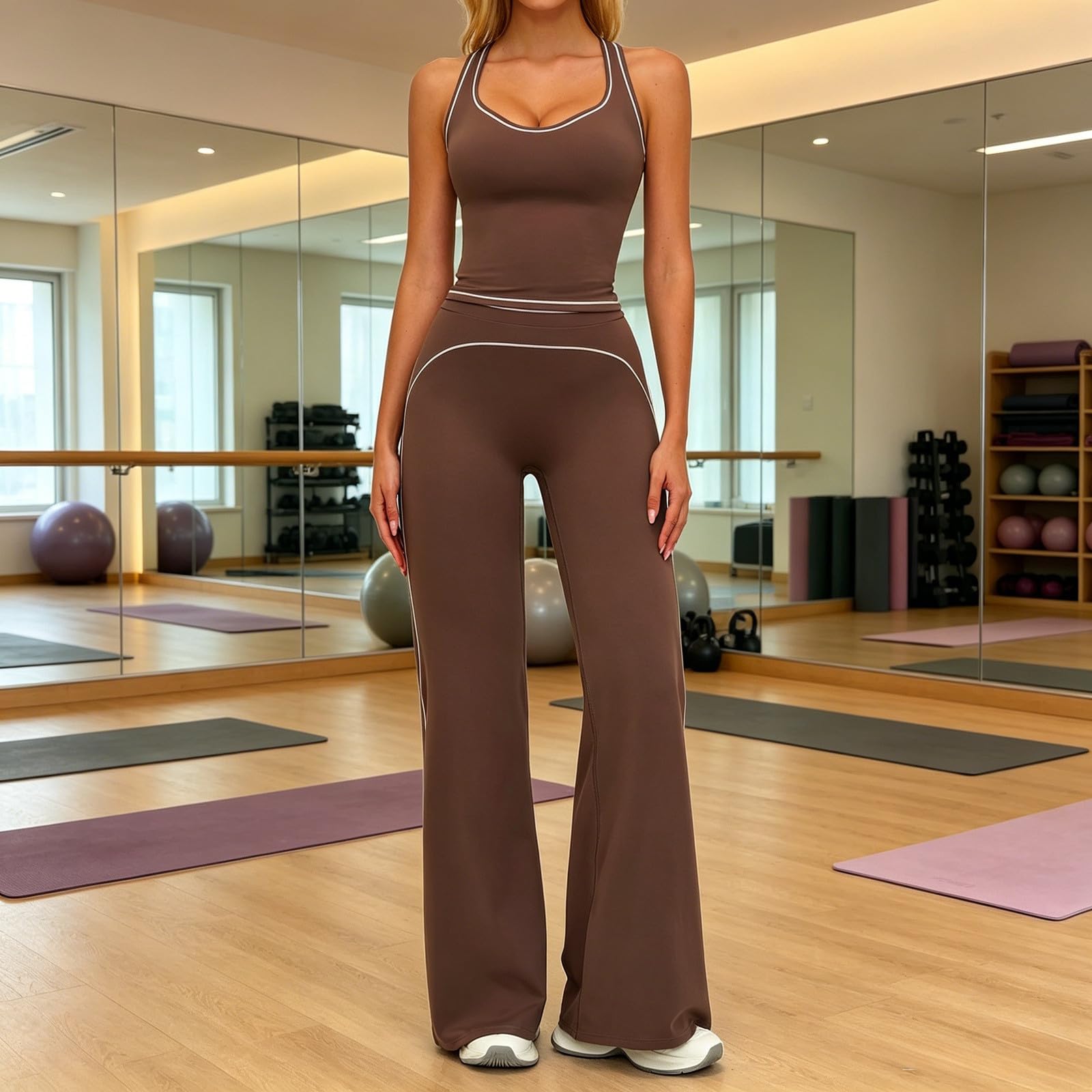 Tuta sportiva da donna in due pezzi, per fitness, spalline sottili, estiva, pilates, reggiseno imbottito, pantaloni da yoga, schiena scoperta, palestra, allenamento, set da 2 pezzi