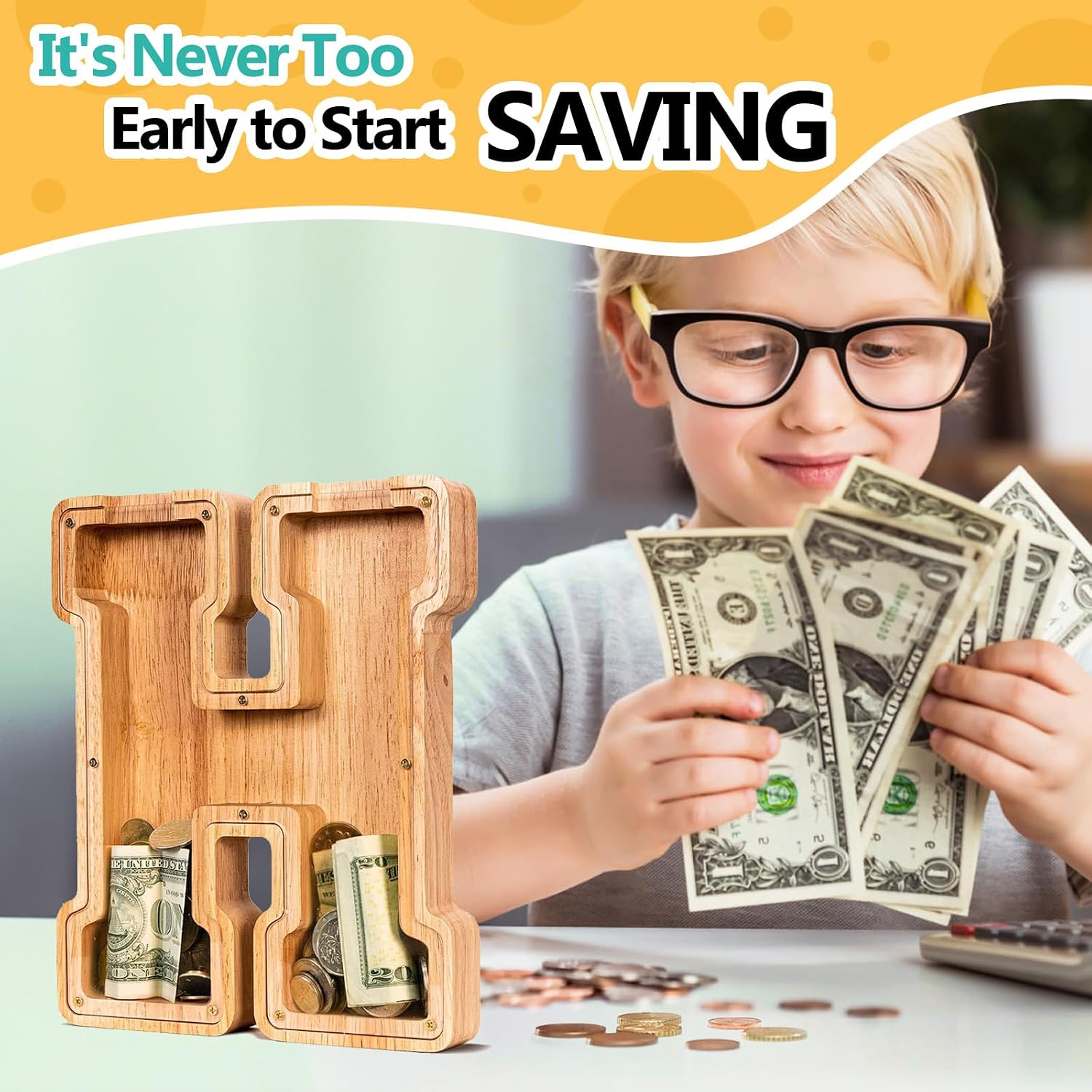 Summidate Wooden Letter Piggy Bank for Kids, Clear 9" Alphabet H Money Bank image 4