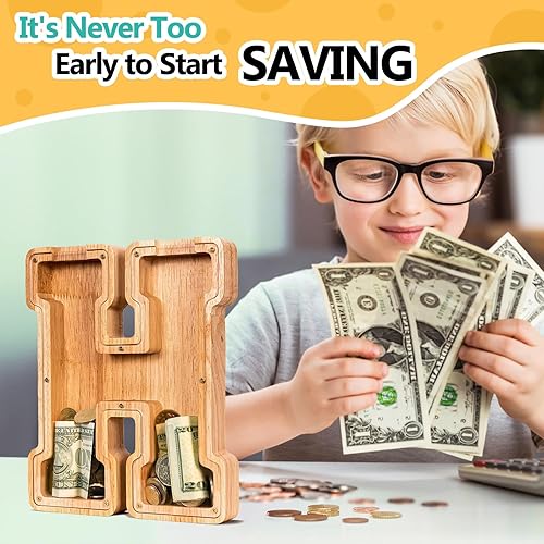 Miniatura 141 de SummiDate Alcancía de madera con nombre, niños y niñas, tamaño grande, letras alfabeto A-Z, monedas y billetes, inicial en cubierta transparente