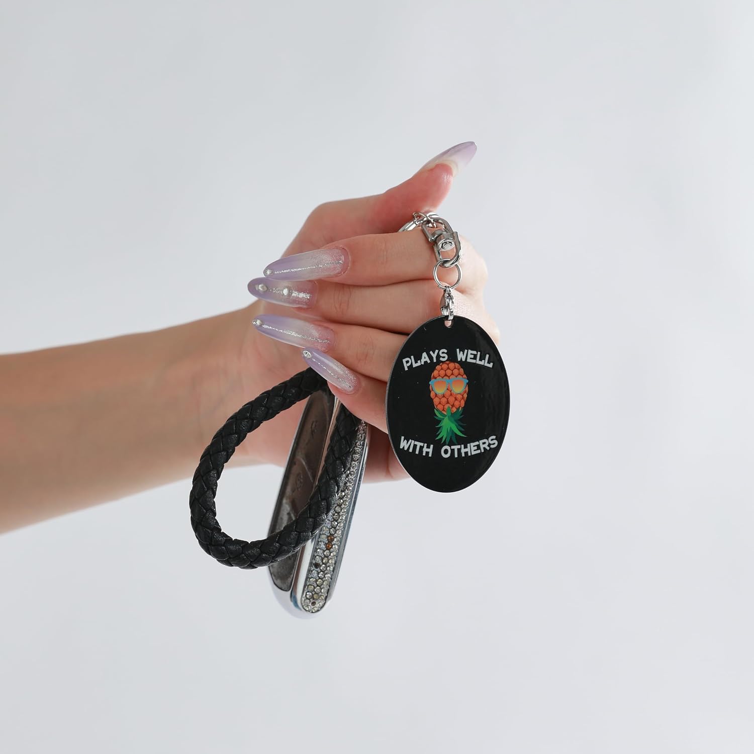 Plays Well with Others Upside Down Pineapple Keychain, Stainless Steel, Oval Pendant, Swinger Novelty Key Ring