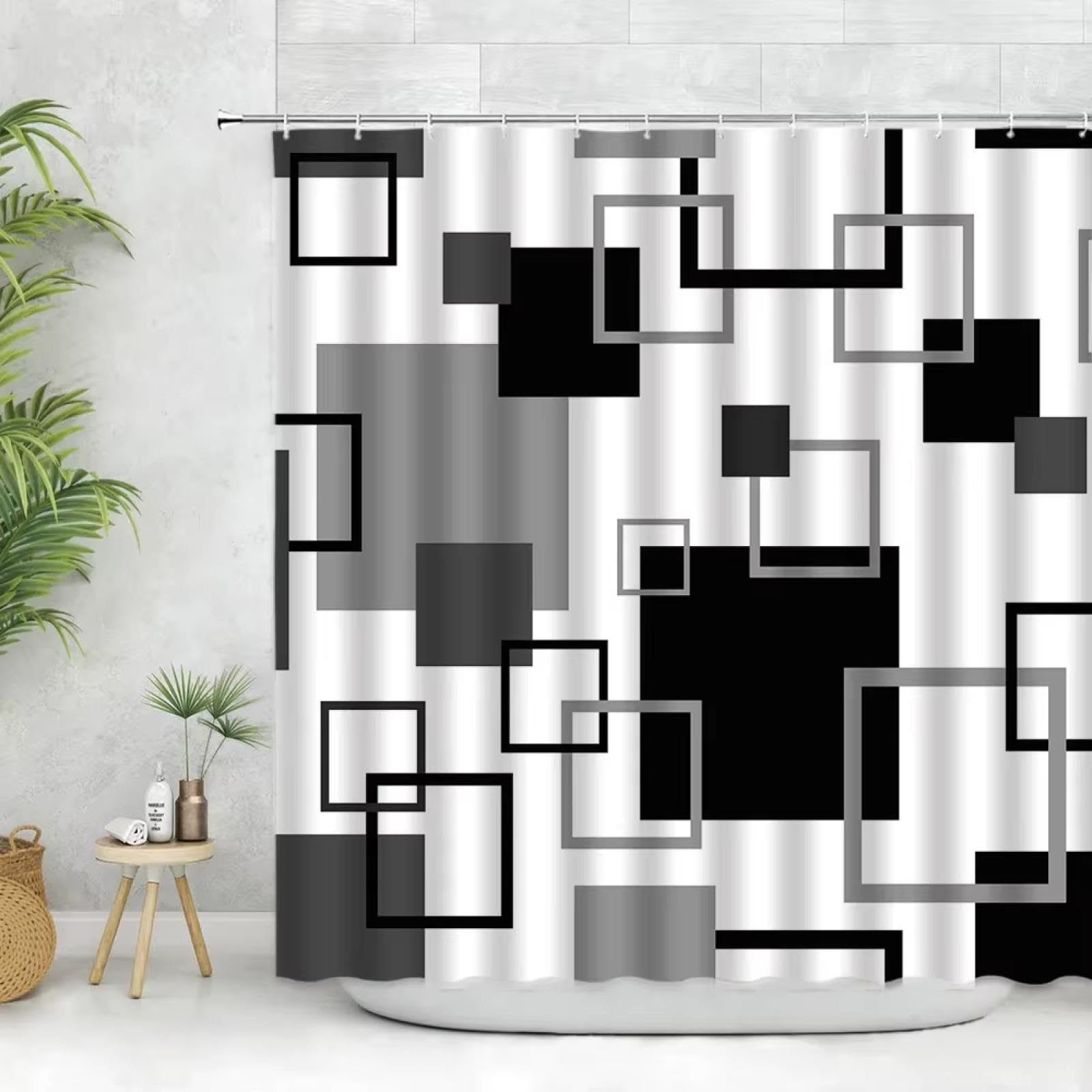 Rideau de douche noir anti-éclaboussures en tissu géométrique imperméable 136x200