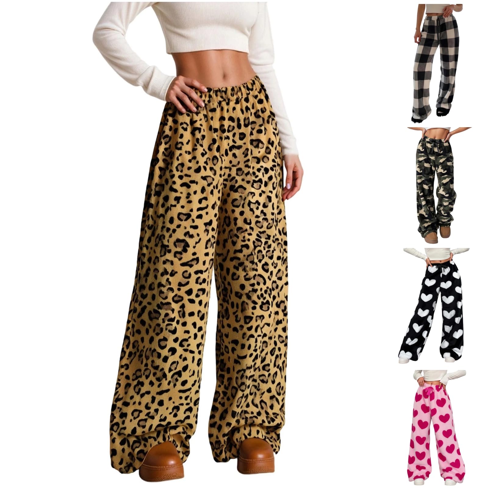 Cheetah Print Pajamas for Women High Waisted Fuzzy Plaid Pajama Pants Camo Pj Fluffy Cute Heart Pjs Sweatpants