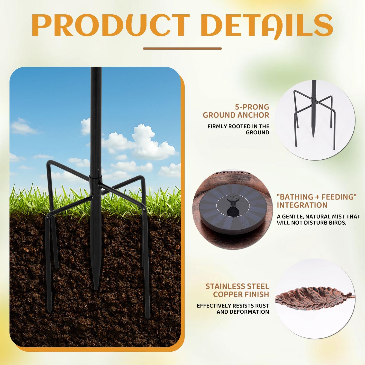 CHONNFEASTT® Solar Bird Bath Fountain for Outdoors Garden - Copper Metal Birdbath with Bird Feeder Trays & 16cm Solar Pump Combo, 5-Prong Heavy Duty Stake, Vintage Yard Lawn Decor for Attracting Birds