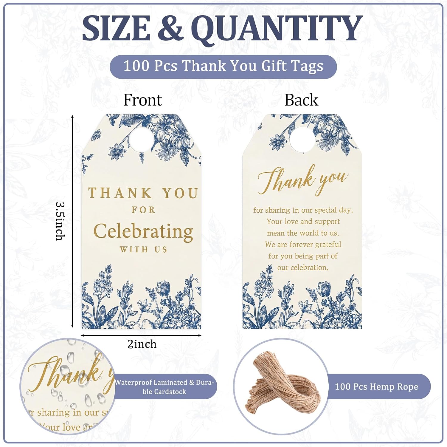 Gueevin 100 Pcs Thank You Gift Tags with String Wedding Party Favor Hangtag | Thank You for Celebrating with Us Gift Tags, Something Blue Floral Gift Label Card for Bridal Baby Shower Party, 3.5 x 2 Inch