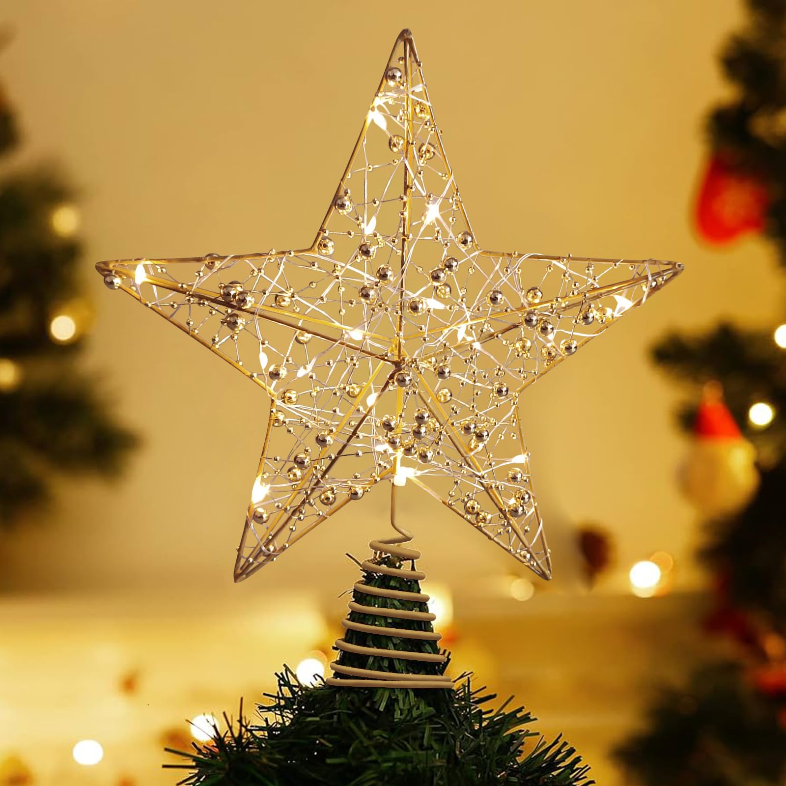Cimier de sapin de Noël doré pailleté avec 20 lumières LED pour décorations de Noël, décorations de vacances, décoration d'intérieur - 25,4 cm