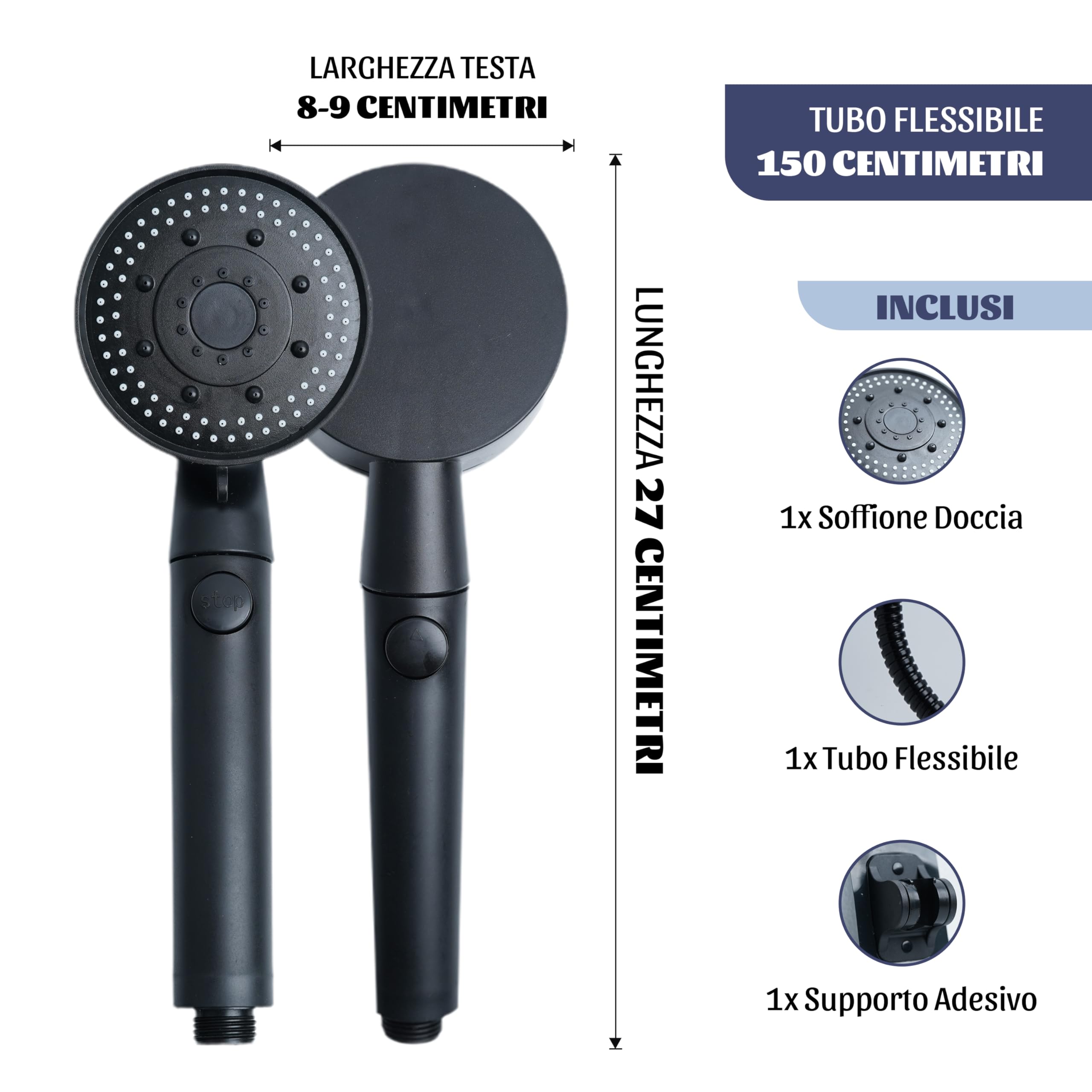 Soffione Doccia Alta Pressione a 5 getti, con Tubo 150 cm, Supporto Adesivo e Pulsante Stop - Attacco Universale G1/2 Anticalcare