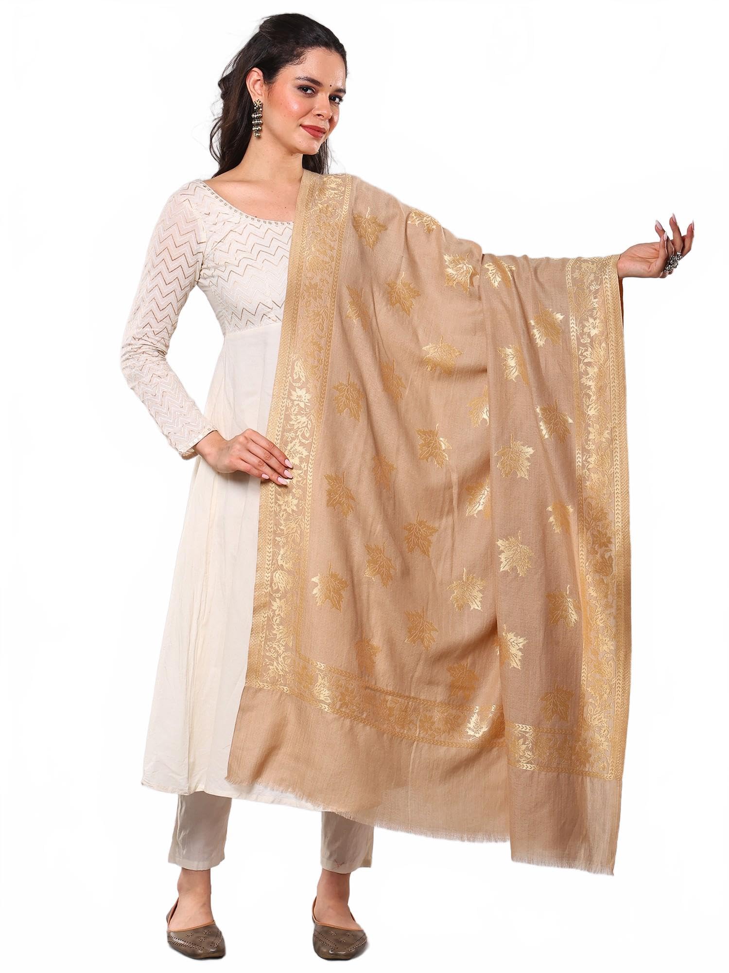 Women's Wool Shawl with Zari woven Maple Leaf Motif | Flower-Leaf Design Stole, Scarves-image-18