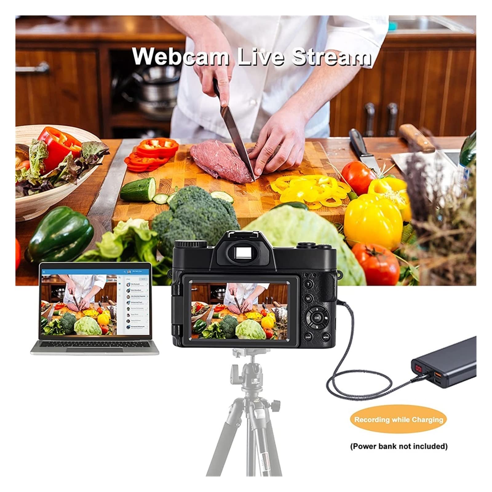 Caméra vidéo Caméscope Appareil Photo numérique 48MP Caméscope 4K Vlog 3.0quot;Webcam Selfie à écran Rabattable 180 ° for Objectif Macro Grand Angle(64G TFCard,with Lens Filter)