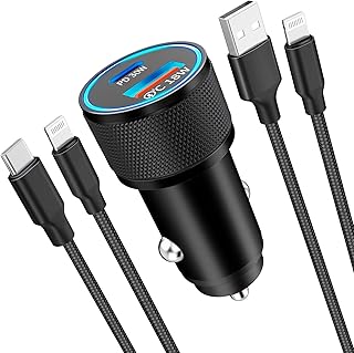[Apple MFi Certified] iPhone Fast Car Charger, Veetone 48W Dual Port USB C Power Delivery All Metal Car Adapter with 2 Pack Lightning Braided Cable, PD/QC3.0 Car Quick Charging for iPhone/iPad/Airpods