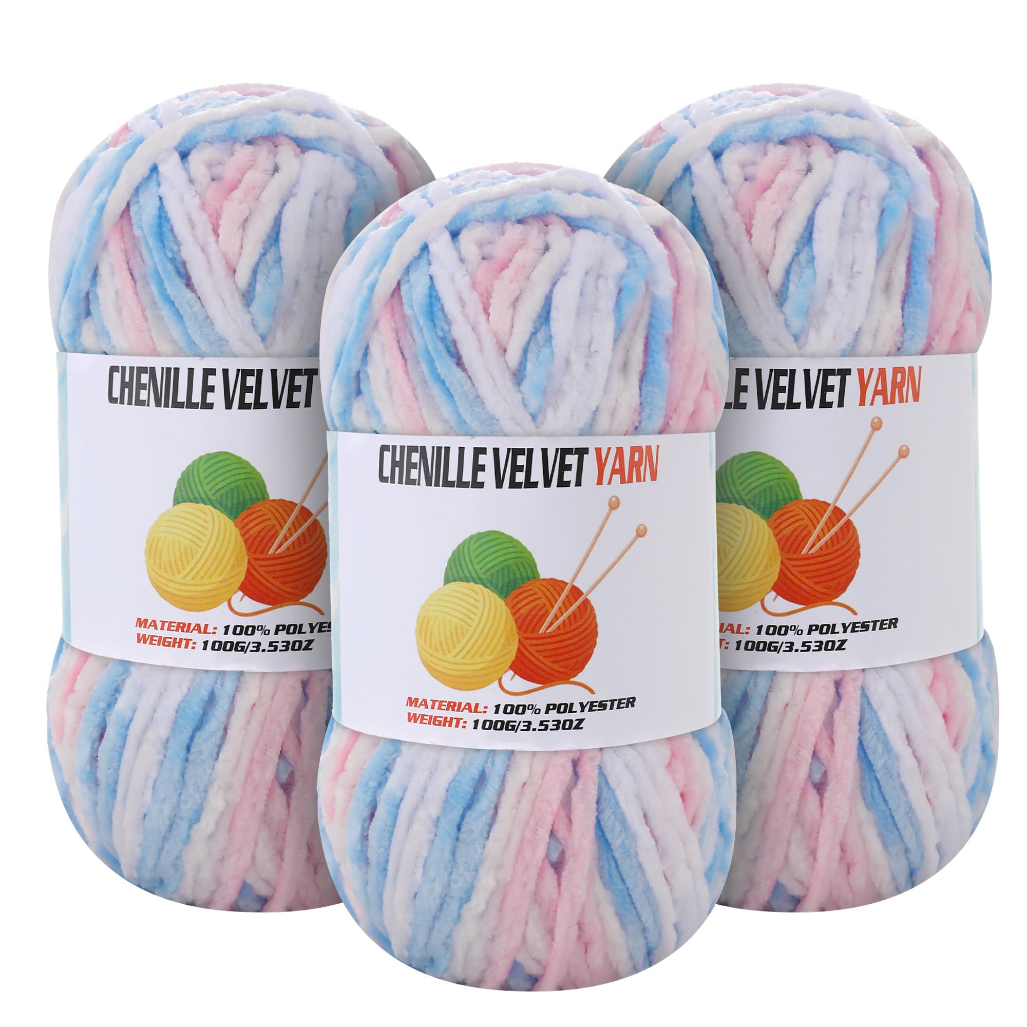3 * 100g Velvet Chenille Chunky Yarn for Crocheting, Handcrafts Weaving Soft Chenille Yarn for Crocheting Clearance, Used for Making Baby Yarns Blanket, Clothes, Knitting Creations (Colorful - B)