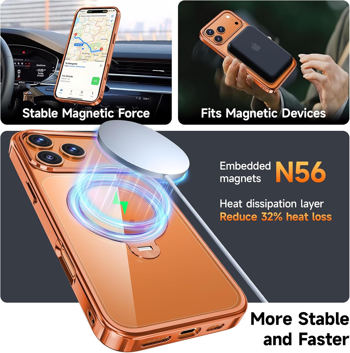 [Tri-Shield Protection] for iPhone 17 Pro Case with 360° Spin Stand Compatible with MagSafe [Magnetic CD Ring] [Screen & Camera Lens Protector] Shockproof Plating Never-Yellowing, Cosmic Orange-6.3"