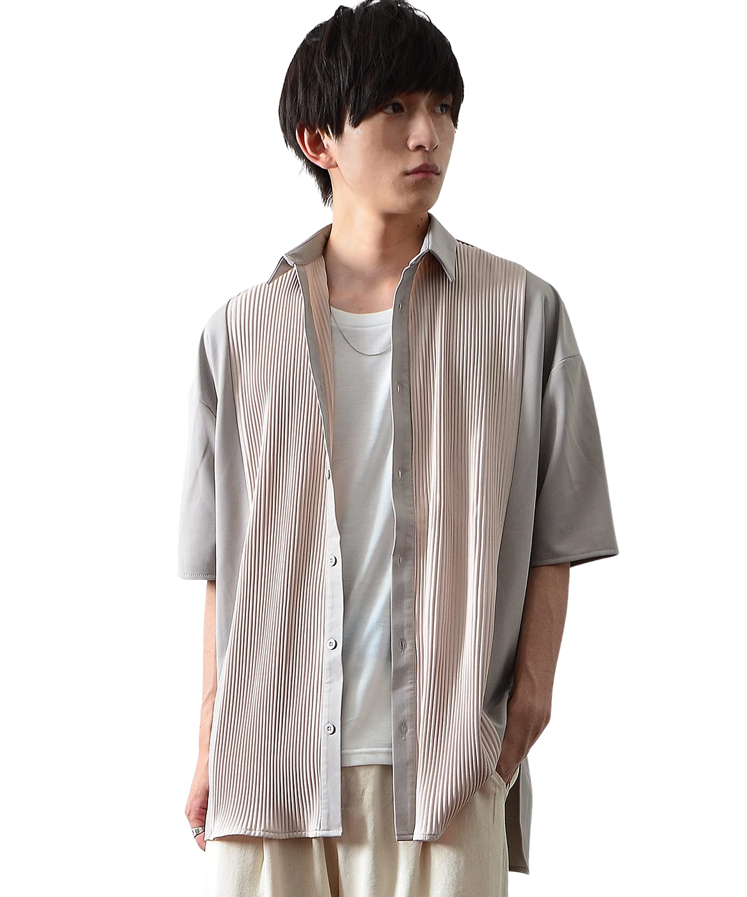 [ジョーカーセレクト] プリーツ切替半袖シャツ ビッグシルエットシャツ オーバーサイズ ロング丈 夏服