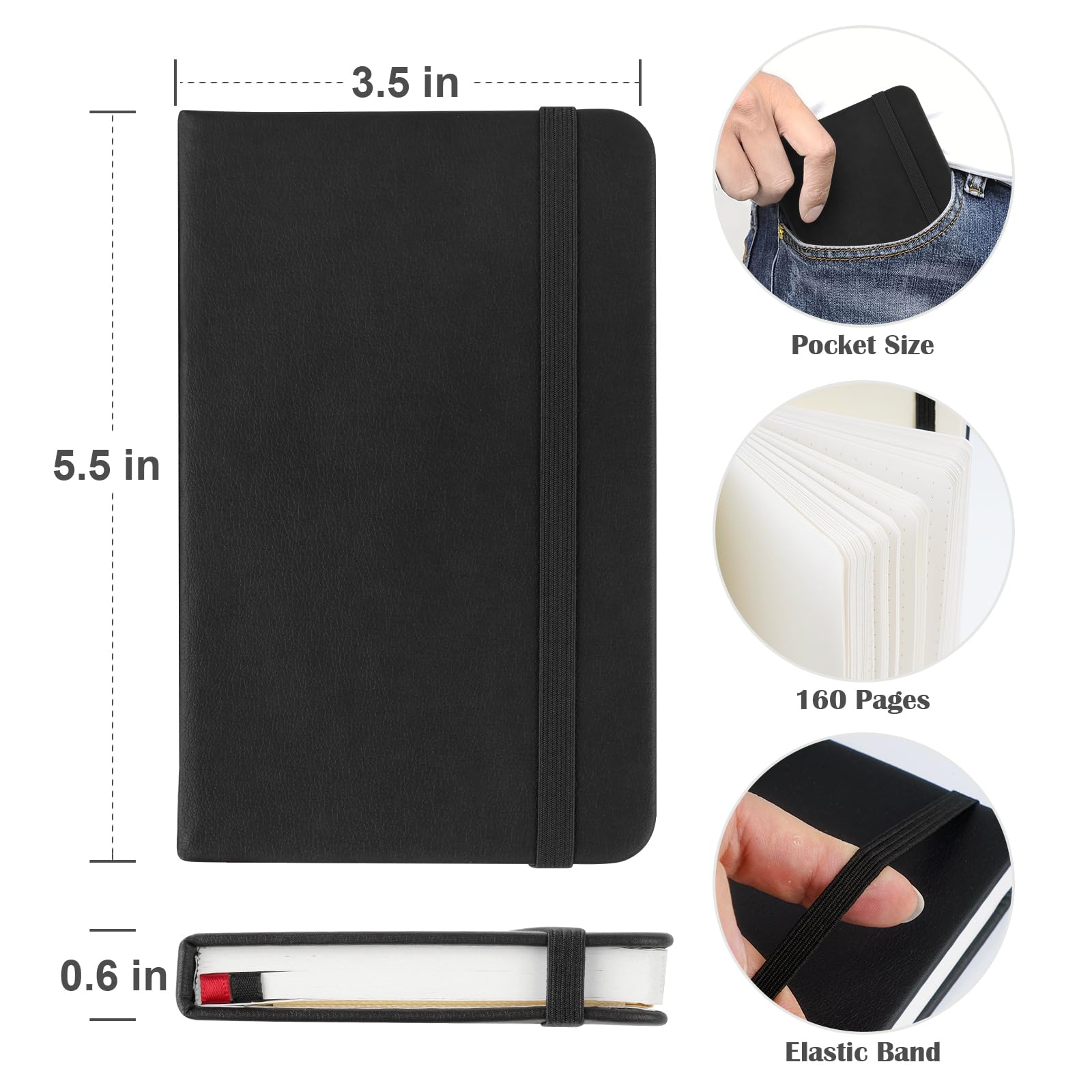 MicroSpark Taccuino tascabile, confezione da 2 quaderni piccoli, 8,9 x 14 cm, mini taccuino con adesivi, punteggiato, 160 pagine, carta spessa 100 g/m², copertina rigida, nero