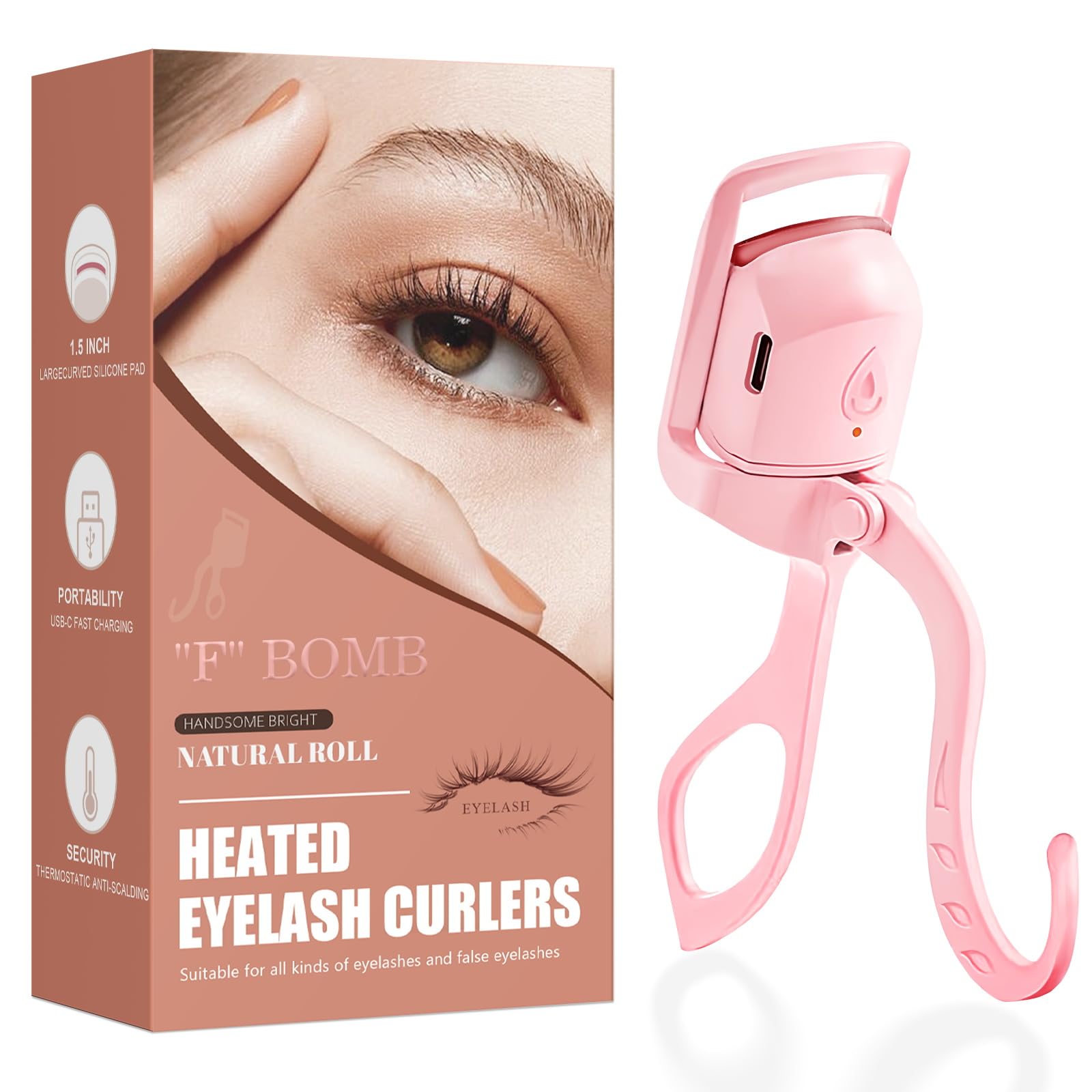 C-Shaped Heated Eyelash Curler Fast Heat Up in 5s - Rechargeable Electric Eyelash Curler for 24H Long Lasting Curls - Safe Anti-Burn Lash Curler Elevate Your Beauty with Stunning Lashes (Pink, L)