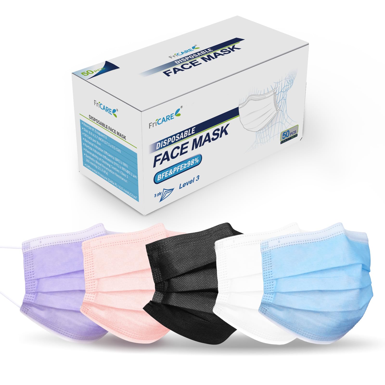 FriCARE Disposable Face Masks for Adults, 3 Ply ASTM Level 3 Medical Grade