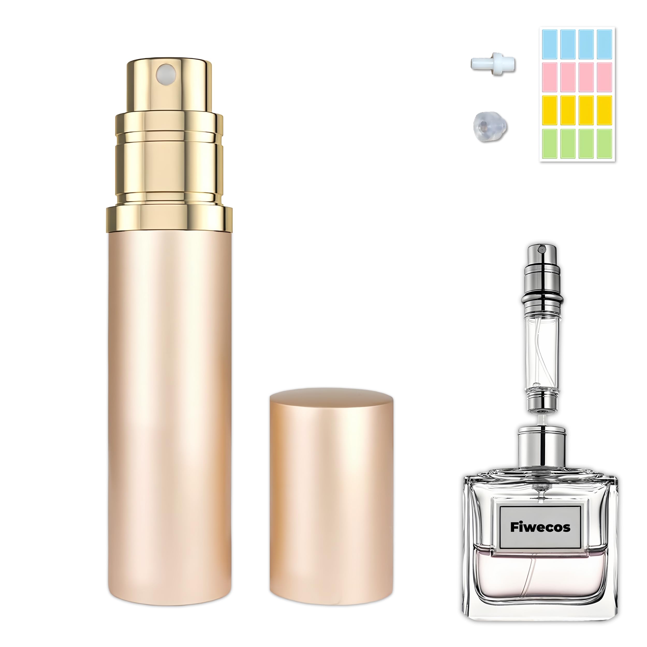 Perfumy podróżna butelka do wielokrotnego napełniania, przenośna butelka z rozpylaczem, pompa zapachowa, napełnij od dołu, mini kieszeń, rozmiar 5 ml, na podróż i wycieczkę, różowe złoto