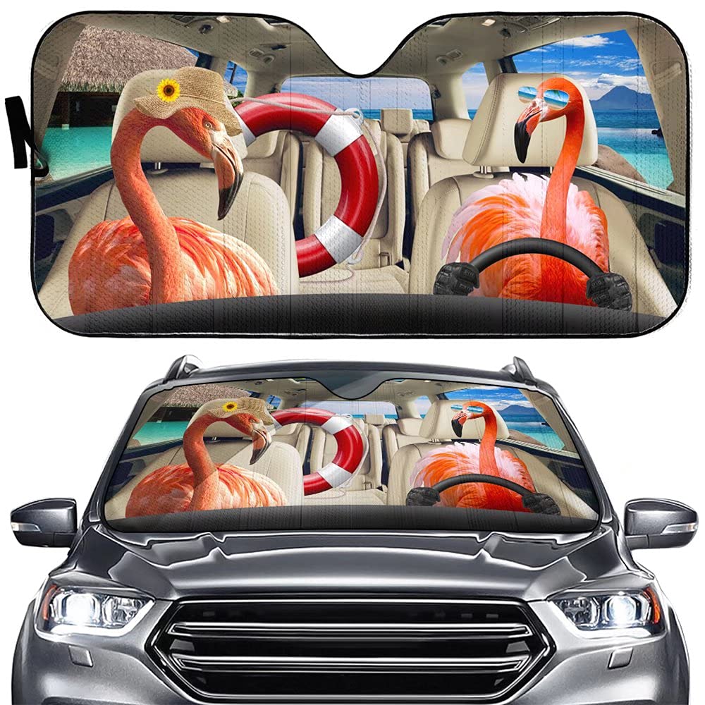 Gifta Funny Flamingo Driver Auto Windshield Sun Shade,Flamingo Vacasion Car Front Window Visor Animal Vehicle Sun Block Cover Heat Reflector Anti-UV Sunshade Fit Truck Car SUV, 3Naki-Sunshade-1