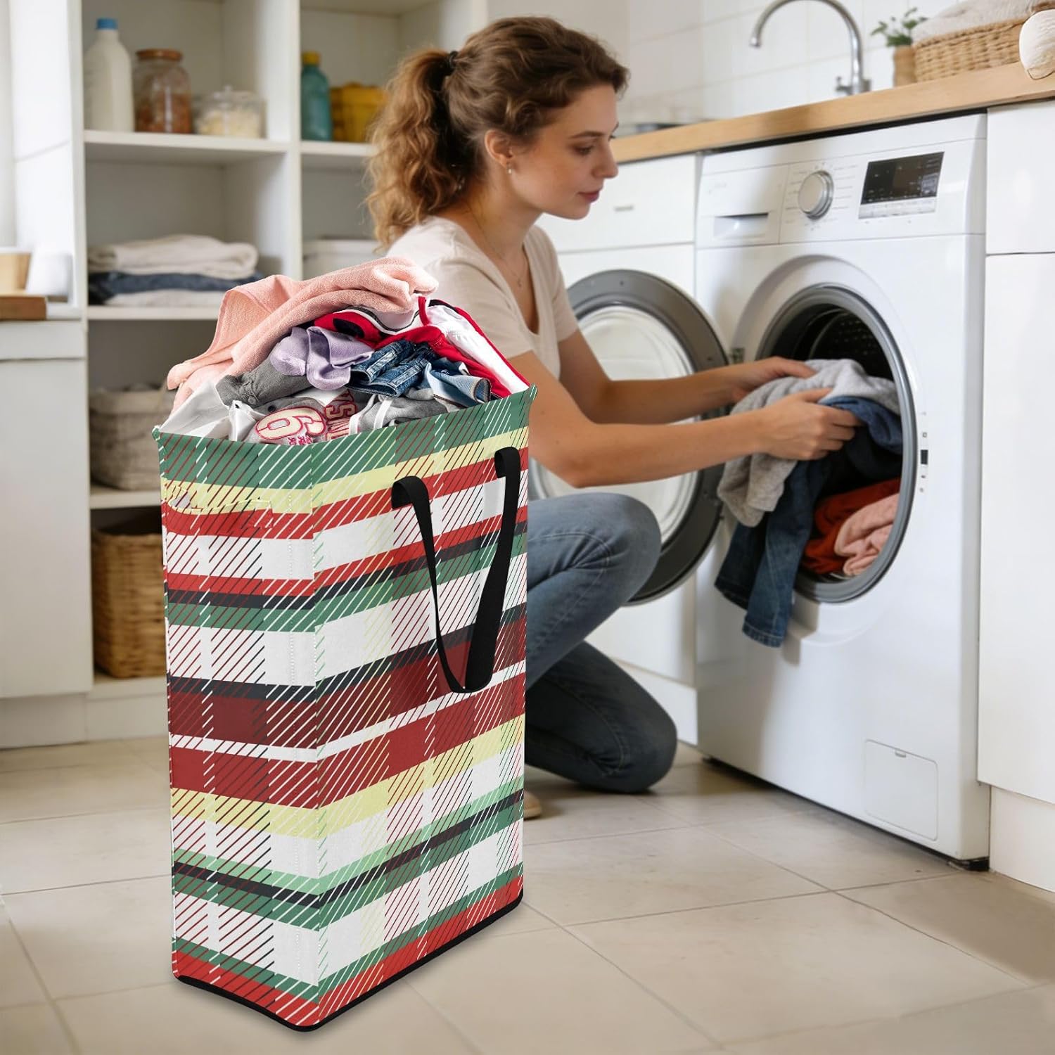 Merry Christmas Red and Green Plaid Narrow Hamper with Handles Slim Laundry Basket Waterproof Teen Dirty Clothes Hamper for Bathroom cesta de ropa