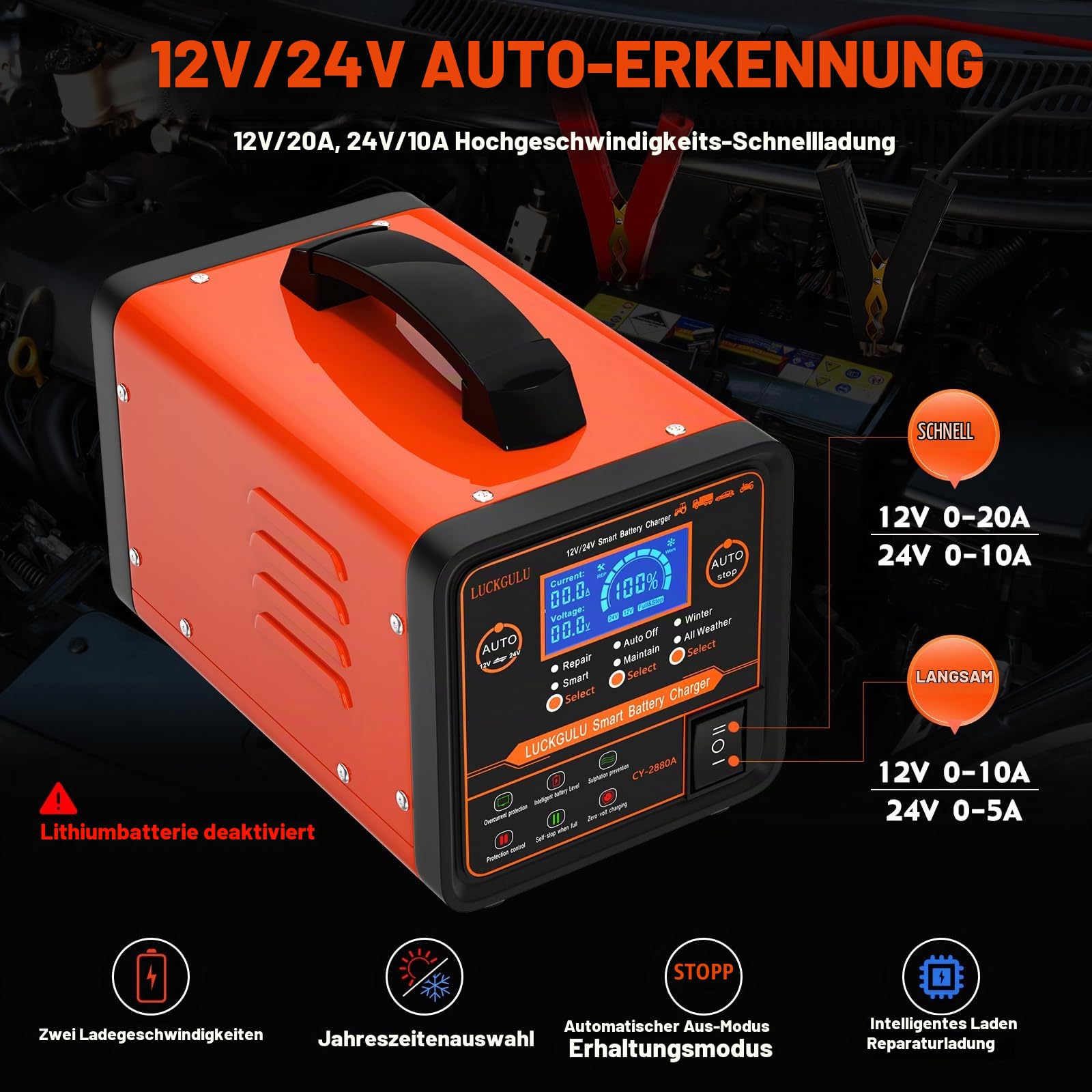 12V/24V Autobatterie Ladegerät 20A Schwerlast-Automatisches Lade- &Wartungsgerät mit Reparatur-Modus,Winterprogramm,Auto-Stopp Schnelllader für Auto,LKW,Motorrad,Wohnmobil,AGM,Deep-Cycle Batterien