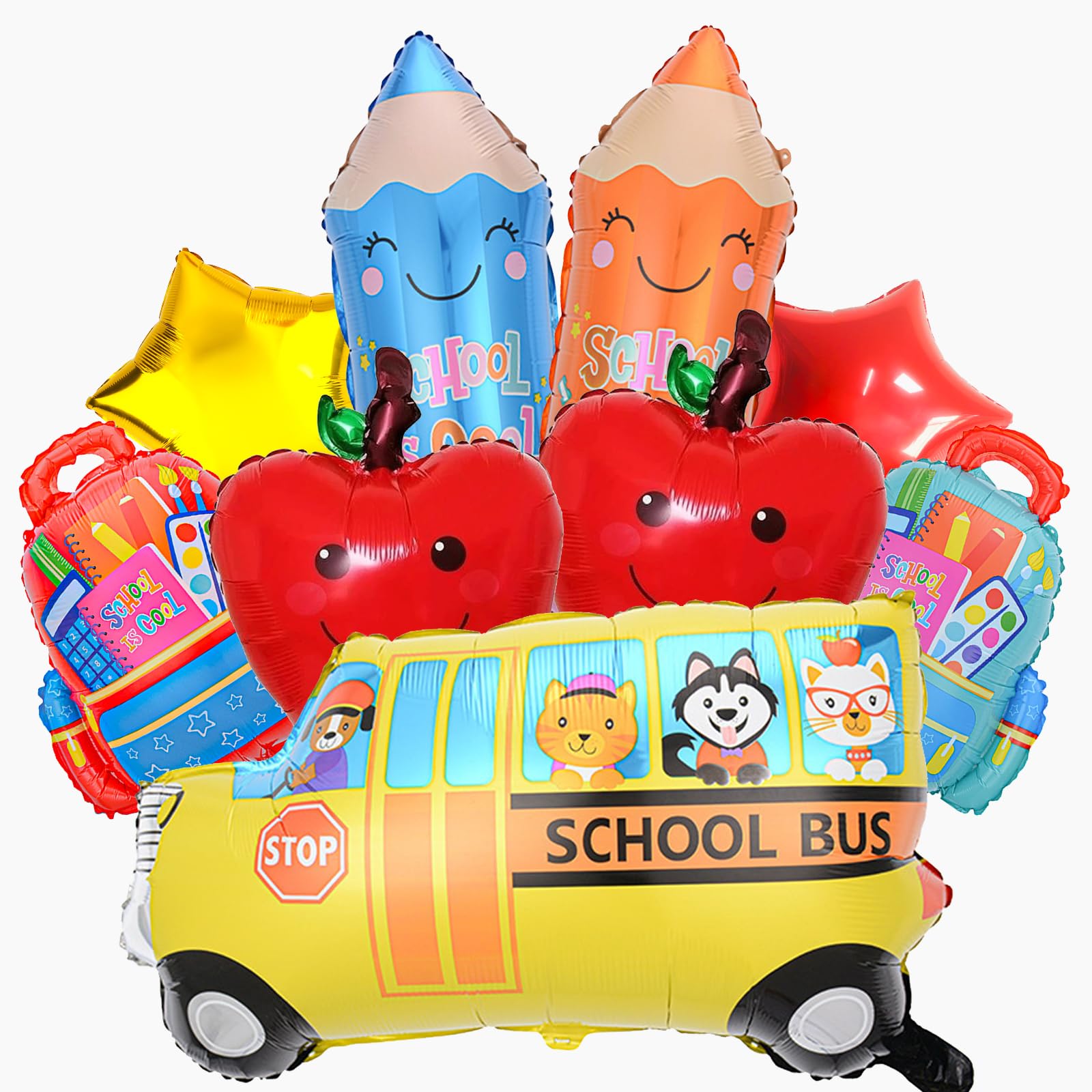 9 Pcs Back to School Balloons, School Bus Balloon, Colorful Schoolbag Pencil Foil Balloons for Classroom Decorations First Day of Kindergarten Decorations (01)